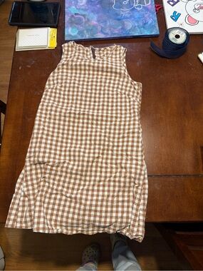 Gingham Sleeveless Shift Dress in Brown and White